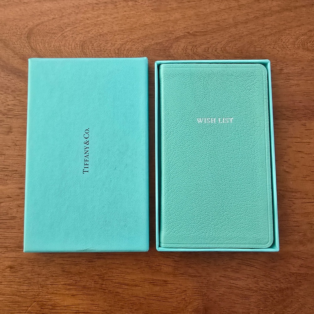 Tiffany & Co Blue Wish List Notebook Grained Leather Silver Edged Pages Box Gift